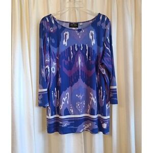 Bob Mackie Wearable Art‎ Size L Tunic/Blouse Purple Blue Ikat Design Scoop Neck